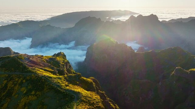 Aerial view at Pico do Arieiro of mountains over clouds with blooming Cytisus shrubs on sunset with sunburst. Madeira island, Portugal. Pull away out dolly retreat shot