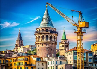 Fototapeta premium Galata Tower Surrounded by Construction Equipment and Crane - Architectural Photography