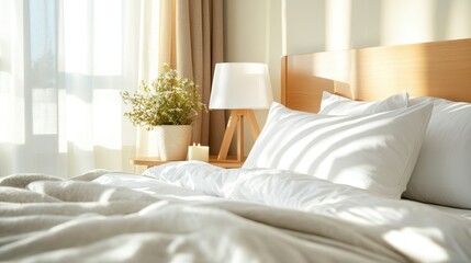 The image captures a modern bedroom flooded with natural light, featuring plush bedding, minimalistic decor, and calming elements that invite relaxation and peace.