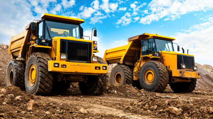 Heavy duty dump trucks are parked on construction site, showcasing their robust design and powerful capabilities. bright yellow color contrasts with earthy tones of ground, emphasizing their