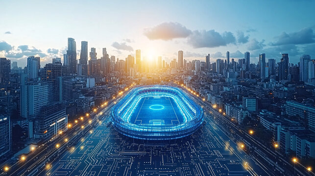 Futuristic Stadium in Cityscape with Digital Circuit Board - Powered by Adobe