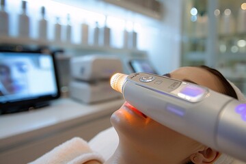 A client undergoes a facial treatment using advanced skincare technology, while a screen displays her facial analysis. The clinic is well-lit, creating a calming atmosphere for the procedure