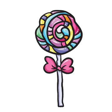 recommend clip art: Rainbow lollipop sweet food colorful illustration isolated on square white background. Simple flat outlined cartoon art styled drawing.