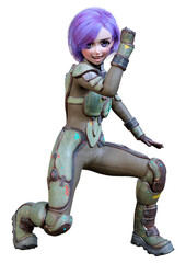 3D Rendering Anime Astronaut Girl on White