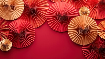 Red Paper Fans Arranged on Red Wall