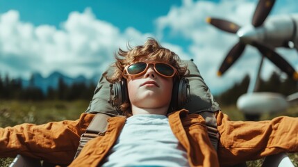A child wearing aviator sunglasses and headphones lays back with closed eyes, dreaming of adventure and flight, embodying the spirit of imagination and freedom.