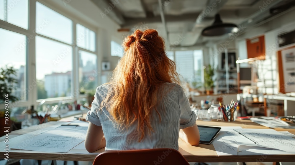 Wall mural a woman with red hair concentrates on architectural designs in a modern, sunlit office, emphasizing 