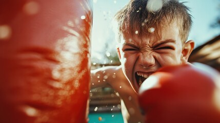 A young, energetic boxer fiercely punches forward with determination and power, illustrating strength and emotion against a bright outdoor backdrop in the boxing ring.