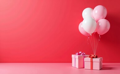 gift box with balloons and ribbon  in red background . ballon christmas decoration. party balloons with ribbon in white background, ballon isoated in white background , birhtday decorati