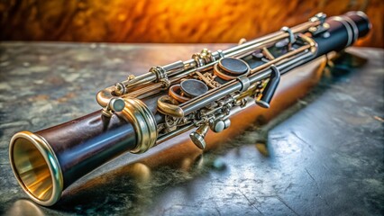 Naklejka premium Gleaming Retro-Futuristic Clarinet Fusion - Classic and Contemporary Design Aesthetics in Low Light Photography