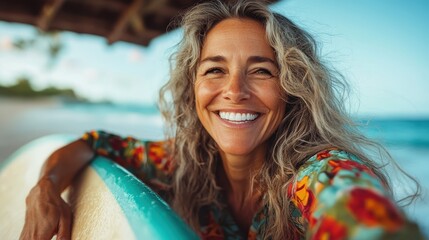 A smiling woman with wavy hair is casually posing with her surfboard on the beach, encapsulating a cheerful, adventurous spirit in a tropical setting.