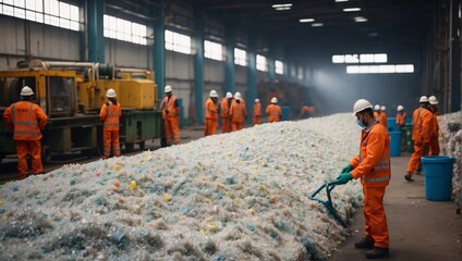 Fototapeta premium In a spacious recycling facility, workers in protective gear sort through mountains of plastic waste, ensuring materials are organized for efficient processing