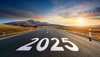 An empty asphalt road stretching towards the horizon with a sunset in the background, with the year 2025 painted on the road symbolizing new beginnings, possibilities, goals, and the road ahead.