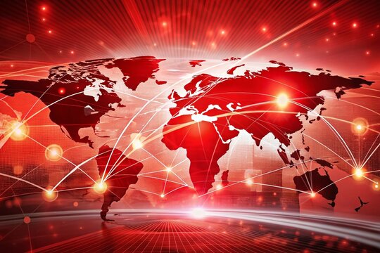 Global News Network: Red Background with Connected Lines for Current Events and Coverage