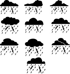 Extreme Weather Icon. Black Vector Icon. Rain Clouds And Danger Sign. Hurricane Warning. Ecological Problems. Climate Change Concept