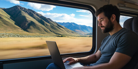 Productivity on the Go: Handsome man typing on a laptop on a scenic train journey