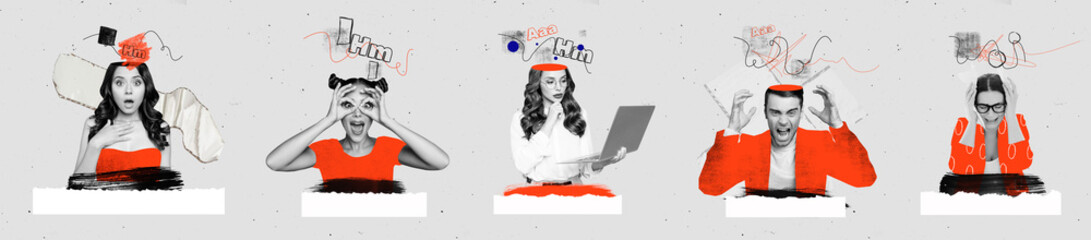 Collection multiple collage of young intelligent people woman and man brainstorming trying hard too...