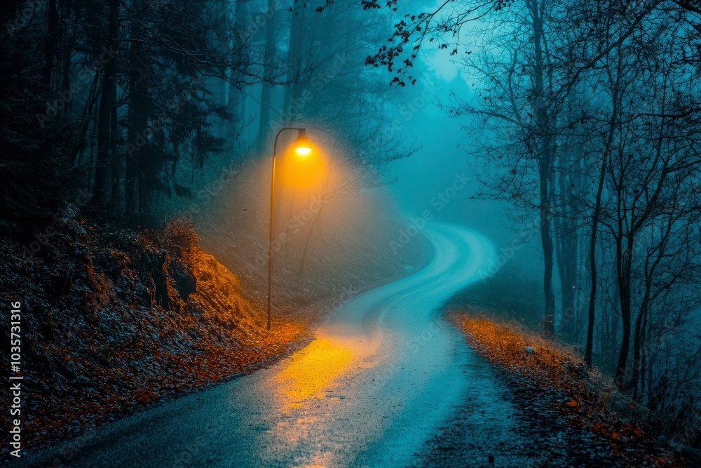 Wall mural A Foggy Forest Path Illuminated by a Single Streetlight