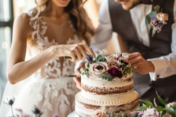 Elegant Wedding Cake Cutting Celebration with Floral Decor for Custom Event Planning Services