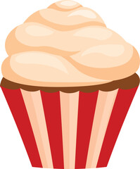 Red and white striped cupcake liner holding a vanilla frosted cupcake with a swirl design on top