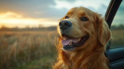 Obraz premium joyful golden retriever with its head joyfully out of a car window wind ruffling its fur as it gazes at the passing countryside embodying pure happiness
