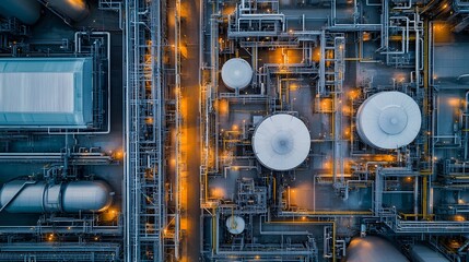 An aerial panorama of a modern petrochemical facility, highlighting the complexity of its pipe networks and large industrial tanks.