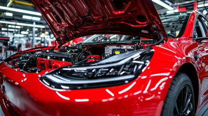 Fototapeta premium image showcases red car with its hood open, revealing intricate engine components inside. scene highlights advanced technology and engineering involved in modern automotive design, emphasizing role