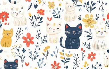 A seamless vector pattern featuring cute cats and flowers in a playful doodle style, showcasing whimsical designs and vibrant colors for a fun and charming aesthetic