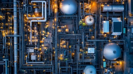 Fototapeta premium A drone's-eye view of a sprawling petrochemical plant, showcasing the sheer complexity of its pipe systems and storage tanks.