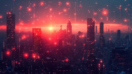 Fototapeta premium Urban Sunset with Digital Overlay in Cityscape