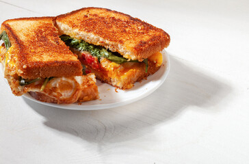 Delicious gourmet homemade sandwich with fried egg and melted cheese, tomato slices and basil leaves