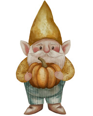Watercolor illustration of a cute gnome with a pumpkin on a white background. Perfect for nursery decor, greeting cards, or children's books, adding a playful and whimsical touch to any project.