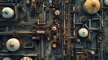 A panoramic aerial shot of an enormous petrochemical facility, revealing a maze of pipelines and clusters of towering tanks.