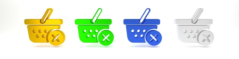Colorful Remove shopping basket icon isolated on white background. Online buying concept. Delivery service sign. Supermarket basket and X mark. Minimalism concept. 3D render illustration