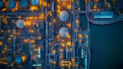 Fototapeta premium An aerial view of a sprawling petrochemical plant by the coast, with its intricate network of pipes and tanks reflecting off the water.