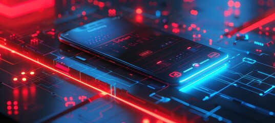 Futuristic Smartphone Banner with Glowing Digital Interfaces and Neon Lighting