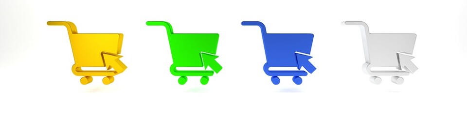 Colorful Shopping cart with cursor icon isolated on white background. Online buying concept. Delivery service sign. Supermarket basket symbol. Minimalism concept. 3D render illustration