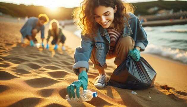 Volunteers Cleaning a Sunlit Beach, Collecting Plastic Waste and Litter in Trash Bags, Highlighting Teamwork and Environmental Responsibility to Preserve the Natural Beauty of the Coastline