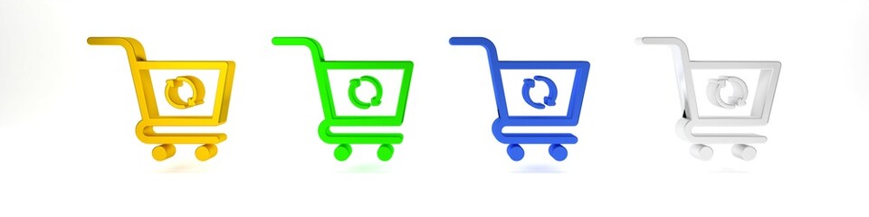 Colorful Refresh shopping cart icon isolated on white background. Online buying concept. Delivery service sign. Update supermarket basket symbol. Minimalism concept. 3D render illustration