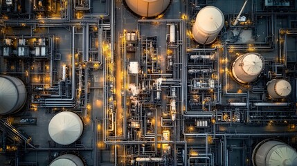 An overhead view of a sprawling petrochemical facility, with intricate pipe networks crisscrossing between giant storage tanks.