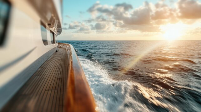 A luxurious yacht gracefully cruising towards the horizon, bathed in the golden hues of a stunning sunset over the vast open sea, exuding elegance and freedom.