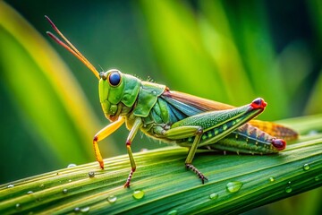 Fototapeta premium Green Grasshopper on Blade of Grass - Candid Nature Photography