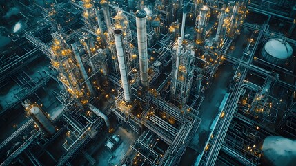 Fototapeta premium A wide aerial shot capturing the vast expanse of a petrochemical plant, highlighting the intricate pipework and towering structures.