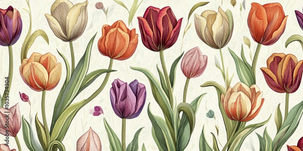 Wall mural Colorful tulips fill this vibrant floral pattern. The intricate details of each flower create a beautiful harmony. Perfect for nature lovers and decorative arts. AI