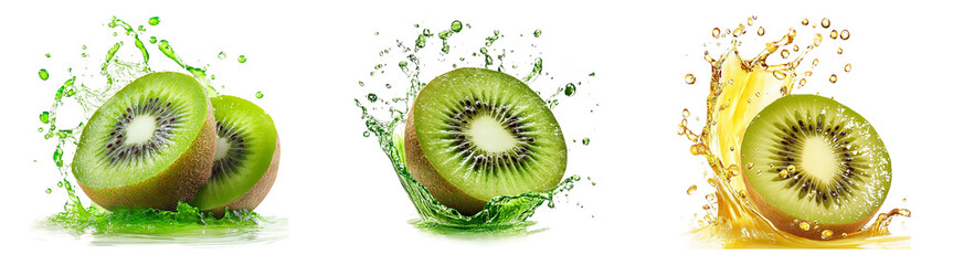 Kiwifruit halves with juice splashes isolated on transparent PNG background perfect for fruit illustrations or beverage designs