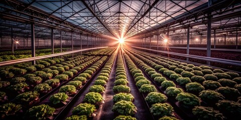 Green Lettuce Growing in Greenhouse: Aerial View of Sustainable Agriculture and Hydroponics