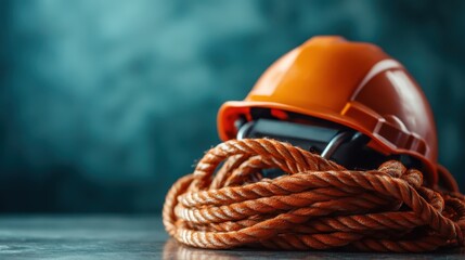 An orange hard hat sits atop a coiled rope, symbolizing safety and preparedness in an industrial or construction setting, with a sturdy background enhancing the image's theme.