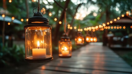 A charming outdoor setting featuring a glowing candle lantern on a wooden pathway enveloped by soft, warm lighting during an evening event.
