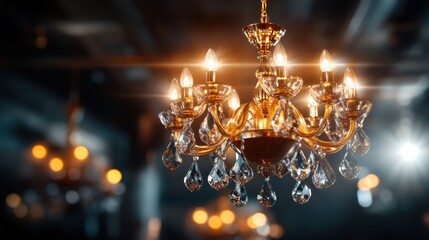 A magnificent crystal chandelier hangs elegantly, casting sparkling reflections and a warm glow in a dimly lit room, showcasing luxury and timeless beauty.