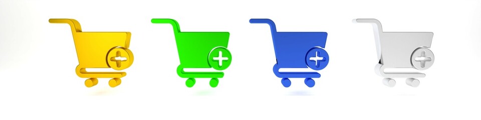 Colorful Add to Shopping cart icon isolated on white background. Online buying concept. Delivery service sign. Supermarket basket symbol. Minimalism concept. 3D render illustration